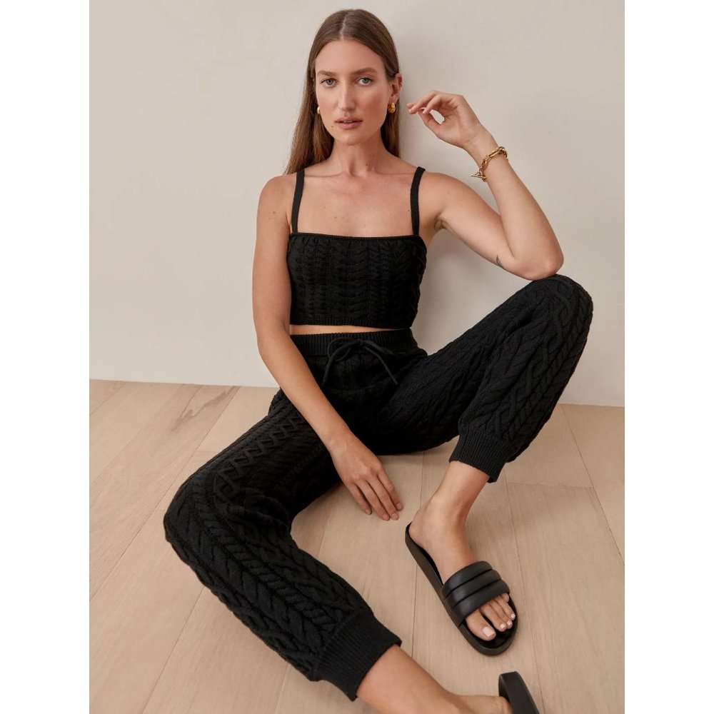 reformation italo cotton cable knit jogger set black - Picture 3 of 9